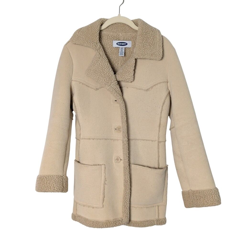 Vintage Y2K Old Navy Sz S Tan Penny Lane Faux Suede Sherpa Lined Long Coat